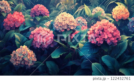 Hydrangea garden blossoms. Generative AI 122432761