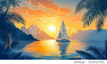 Illustration of sailing boat and beautiful scenic landscape of tropical sea 122432762