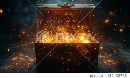 Opened Treasure Chest with Glowing Sparkles and Stars. 122432768