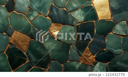 Patterned green stone mosaic with gold accents 122432770