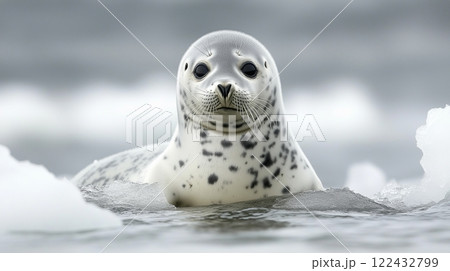 seal resting on shrinking ice floe, showcasing its serene expression 122432799
