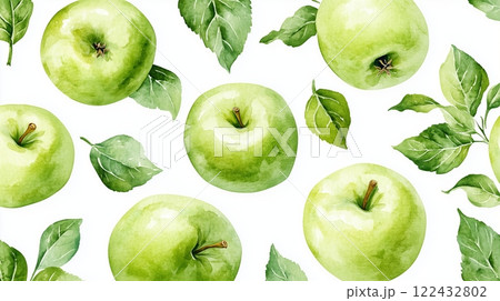 Seamless pattern of lush green apples and leaves on a white background. 122432802