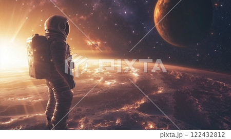 Surreal Cosmic Landscape with Astronaut and Planetary Rings at Night 122432812