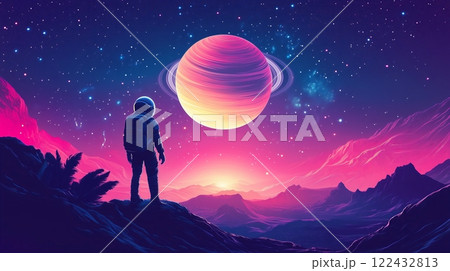 Surreal Cosmic Landscape with Astronaut and Planetary Rings at Night 122432813