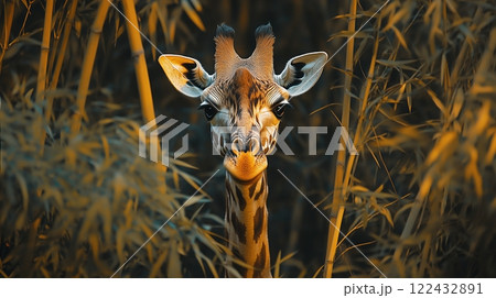 A close up of a giraffe standing amidst bamboo 122432891