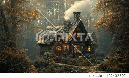 A cozy witch's cottage nestled in the woods, smoke curling from the chimney 122432895
