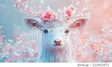 Ethereal 3D Deer with Floral Antlers 122432971