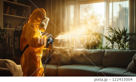 Person in safety suit sprays disinfecting mist Person in safety suit sprays disinfecting mist 122433004