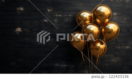 Gold balloons black wall. Generative AI Gold balloons black wall. Generative AI 122433156