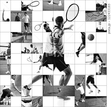 Collage in mosaic style of tennis players in action on court, showcasing skill, agility, and dynamic movement. Collage in mosaic style of tennis players in action on court, showcasing skill, agility, and dynamic movement. 122433183