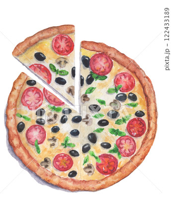 Hand-Drawn Watercolor Pizza With Tomatoes And Mushrooms Hand-Drawn Watercolor Pizza With Tomatoes And Mushrooms 122433189