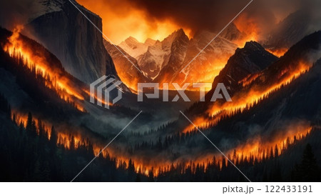 Aerial view of intense devastating raging forest fire. Burned pine forest at wildfire. Intense smoke. Hills, mountains, blue sky. Caused by summer heat wave and drought due to climate change. Aerial view of intense devastating raging forest fire. Burned pine forest at wildfire. Intense smoke. Hills, mountains, blue sky. Caused by summer heat wave and drought due to climate change. 122433191