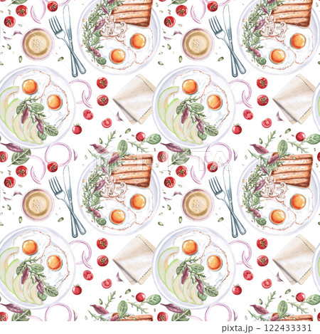 Seamless pattern with different breakfasts on a white background. Watercolor illustration on the theme of food for the design of the menu and interior of the restaurant, gastronomic festivals. Seamless pattern with different breakfasts on a white background. Watercolor illustration on the theme of food for the design of the menu and interior of the restaurant, gastronomic festivals. 122433331