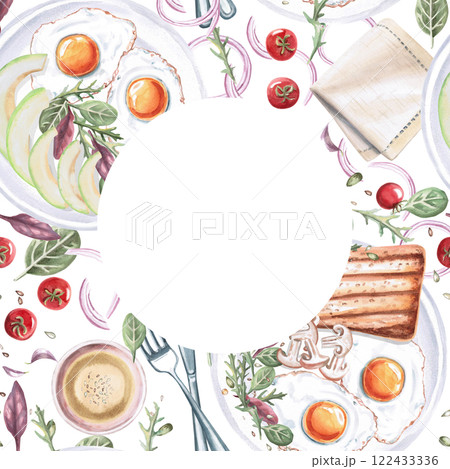 Square frame with breakfast products. Isolated watercolor illustration on food theme for restaurant menu design, gastronomic magazines and festivals. 122433336