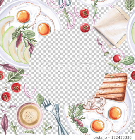 Square frame with breakfast products. Isolated watercolor illustration on food theme for restaurant menu design, gastronomic magazines and festivals. 122433336