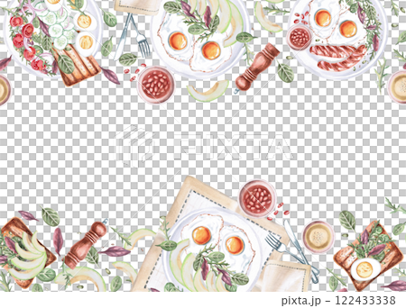 Rectangular frame with various breakfast plates. Isolated watercolor illustration on food theme for restaurant menu design, gastronomic magazines and festivals. 122433338