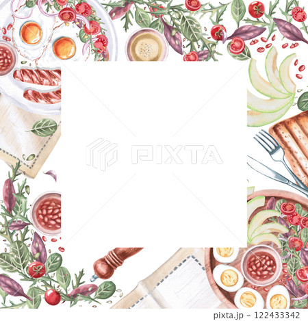 Square frame with served plates and breakfast products. Isolated watercolor illustration on food theme for restaurant menu design, gastronomic magazines and festivals. 122433342