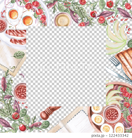 Square frame with served plates and breakfast products. Isolated watercolor illustration on food theme for restaurant menu design, gastronomic magazines and festivals. 122433342