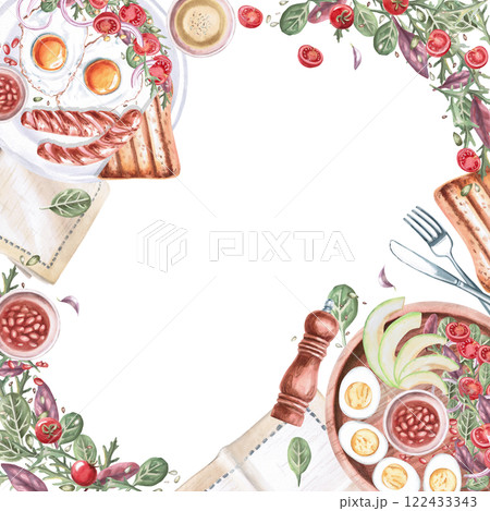 Square frame with breakfast plates. Isolated watercolor illustration on food theme for restaurant menu design, gastronomic magazines and festivals. 122433343