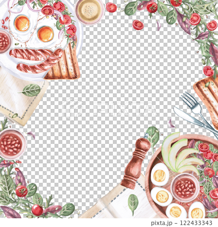 Square frame with breakfast plates. Isolated watercolor illustration on food theme for restaurant menu design, gastronomic magazines and festivals. 122433343