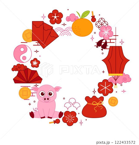 chinese new year 2031 pig circle round frame traditional decoration. Vector border, frame, window. asia, oriental, japan, korea, clip art set. retro graphic, pattern, ornament.  122433572