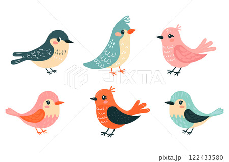 hand drawn spring birds set isolated on white background flat illustration 122433580
