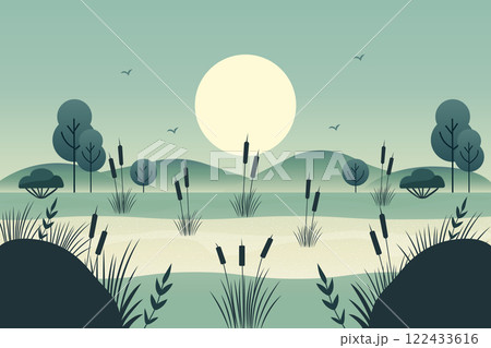 flat vector illustration depicting swampy area with reeds in moonlight flat vector illustration depicting swampy area with reeds in moonlight 122433616