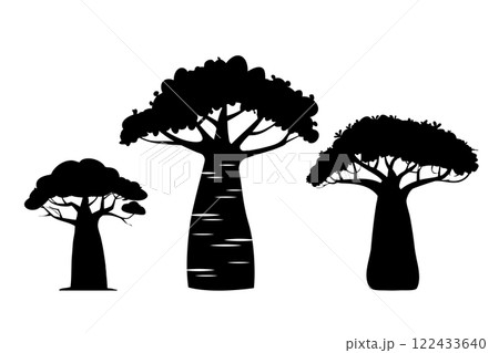 Baobab tree icons set vector silhouette. Nature, exotic plant, African trees for printing, logo design or digital art. Isolated on white background 122433640