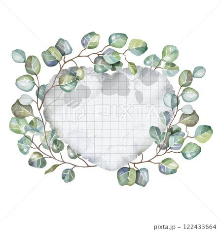Paper heart from a sheet of a school notebook in a cage with eucalyptus branches. For greeting cards for Valentine's Day or March 8, romantic cards, declarations of love. First love and student years. 122433664