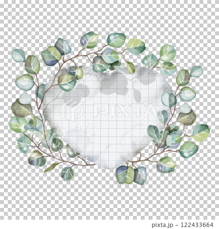 Paper heart from a sheet of a school notebook in a cage with eucalyptus branches. For greeting cards for Valentine's Day or March 8, romantic cards, declarations of love. First love and student years. 122433664