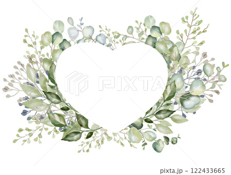 Empty heart-shaped frame adorned with eucalyptus branches. Perfect for Valentine's Day or Women's Day greetings, romantic postcards, business cards, wedding invitations, and anniversary celebrations. Empty heart-shaped frame adorned with eucalyptus branches. Perfect for Valentine's Day or Women's Day greetings, romantic postcards, business cards, wedding invitations, and anniversary celebrations. 122433665