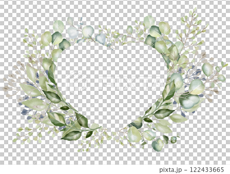 Empty heart-shaped frame adorned with eucalyptus branches. Perfect for Valentine's Day or Women's Day greetings, romantic postcards, business cards, wedding invitations, and anniversary celebrations. Empty heart-shaped frame adorned with eucalyptus branches. Perfect for Valentine's Day or Women's Day greetings, romantic postcards, business cards, wedding invitations, and anniversary celebrations. 122433665