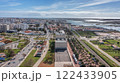 Modern Portuguese oceanfront town of Faro overlooking theater, filmed by drone. Algarve. Ria formosa in background. 122433905