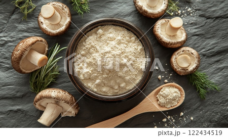 Mushroom superfoods and adaptogens in modern nutrition. Functional powders, plant-based supplements, and immune-boosting health trends. Mushroom superfoods and adaptogens in modern nutrition. Functional powders, plant-based supplements, and immune-boosting health trends. 122434519