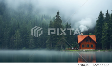 A warm wooden cabin with smoke rising from the chimney, nestled by a misty lake in a dense green forest, offering a tranquil digital detox retreat. A warm wooden cabin with smoke rising from the chimney, nestled by a misty lake in a dense green forest, offering a tranquil digital detox retreat. 122434582