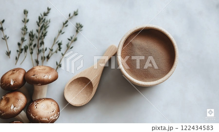 Adaptogenic mushroom powder with fresh shiitake mushrooms. Functional nutrition, cognitive health, and stress relief. 122434583