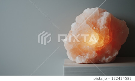 Glowing Himalayan salt lamp on a wooden surface. Halotherapy, immune system support, and natural detox benefits. Glowing Himalayan salt lamp on a wooden surface. Halotherapy, immune system support, and natural detox benefits. 122434585