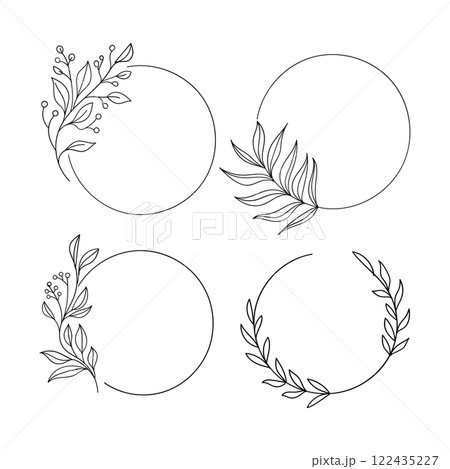 A simple set of circular frames adorned with small, scattered botanical elements. Perfect for creating minimalist designs or nature-inspired branding. 122435227