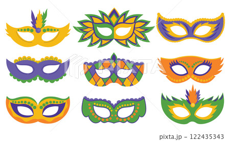 Hand drawn masks for Mardi Gras carnival. Collection of flat style fat Tuesday masks with feathers Hand drawn masks for Mardi Gras carnival. Collection of flat style fat Tuesday masks with feathers 122435343