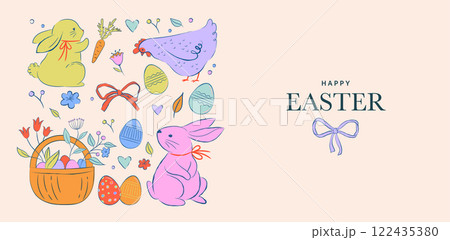 Easter design, hand drawn sweet illustrations of bunnies, eggs, bows, flowers and basket in vintage 122435380