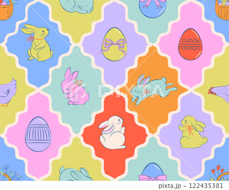 Easter seamless pattern design, Easter background hand drawn sweet illustrations of bunnies, eggs 122435381