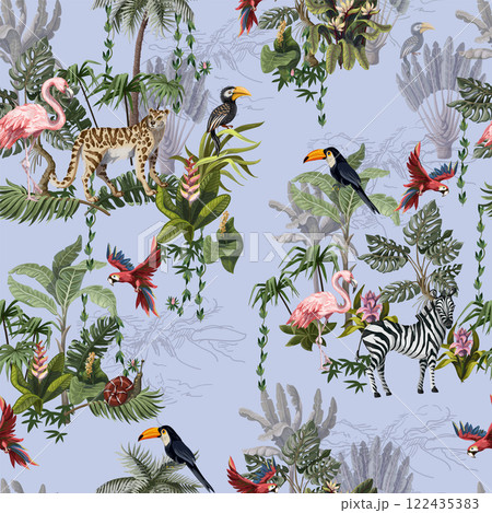 Seamless pattern with jungle animals, flowers and trees. Vector. 122435383
