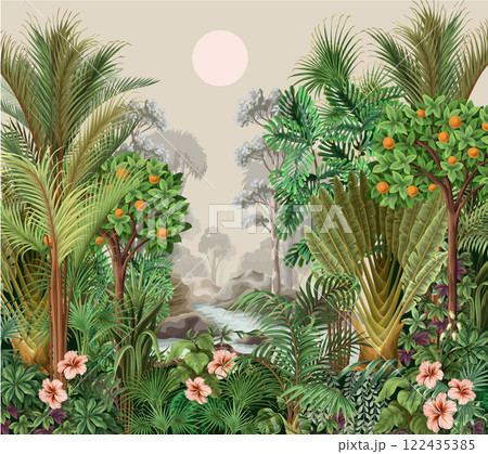 Jungle mural with different palm trees. Tropical vector. 122435385