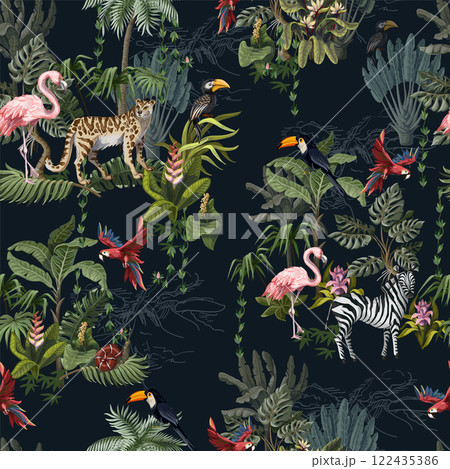 Seamless pattern with jungle animals, flowers and trees. Vector. Seamless pattern with jungle animals, flowers and trees. Vector. 122435386