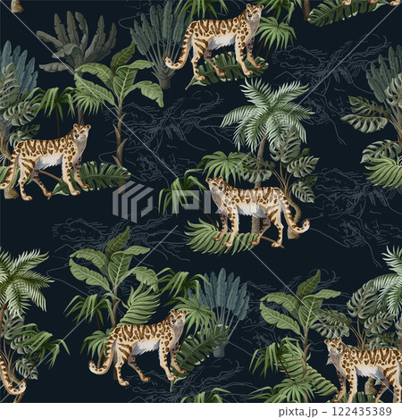 Seamless pattern with leopard and tropical landscape. Vector. 122435389