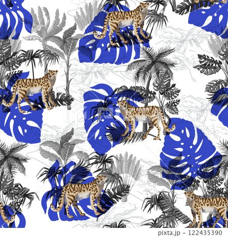 Seamless pattern with leopard and tropical landscape. Vector. Seamless pattern with leopard and tropical landscape. Vector. 122435390