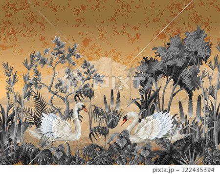 Mural with white swans and plants on the gold background. Vector. 122435394