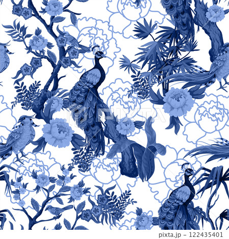 Seamless pattern in chinoiserie style with peacock, birds and peonies in blue color. Vector, 122435401
