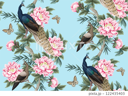 Seamless pattern with Chinese peonies and peacocks. Vector. 122435403