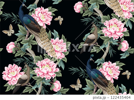 Seamless pattern with Chinese peonies and peacocks. Vector. 122435404